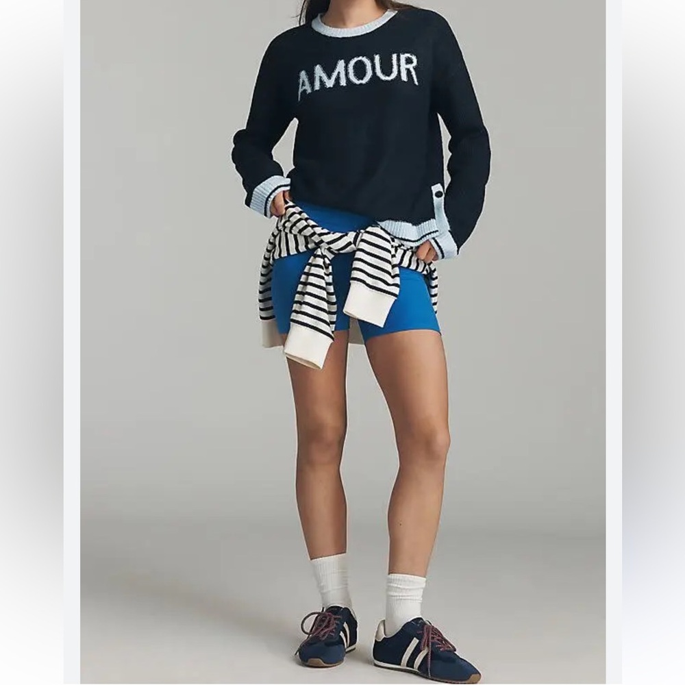 Anthropologie Sundry Amour Graphic Sweater Navy & Powder Blue XS NWT Brand New! - Picture 2 of 8